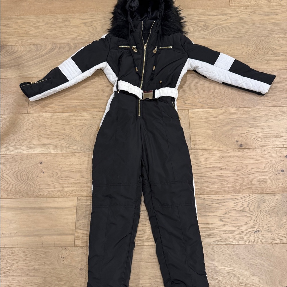 Kids Stylish Black and White Snowsuit with Fur Trim